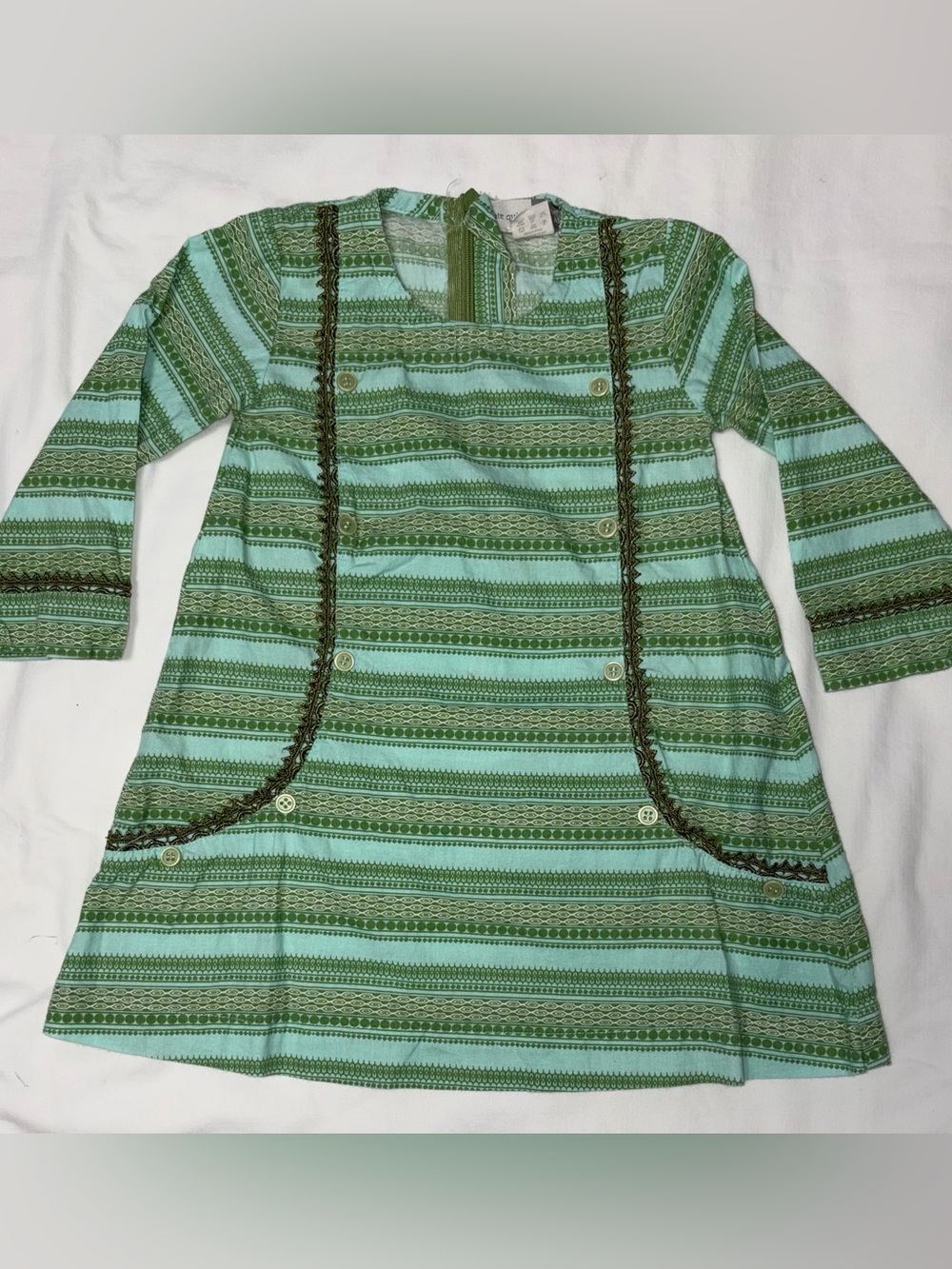 Kate Quinn 100% cotton green patterned dress with piping and buttons sz 18-24 mo
